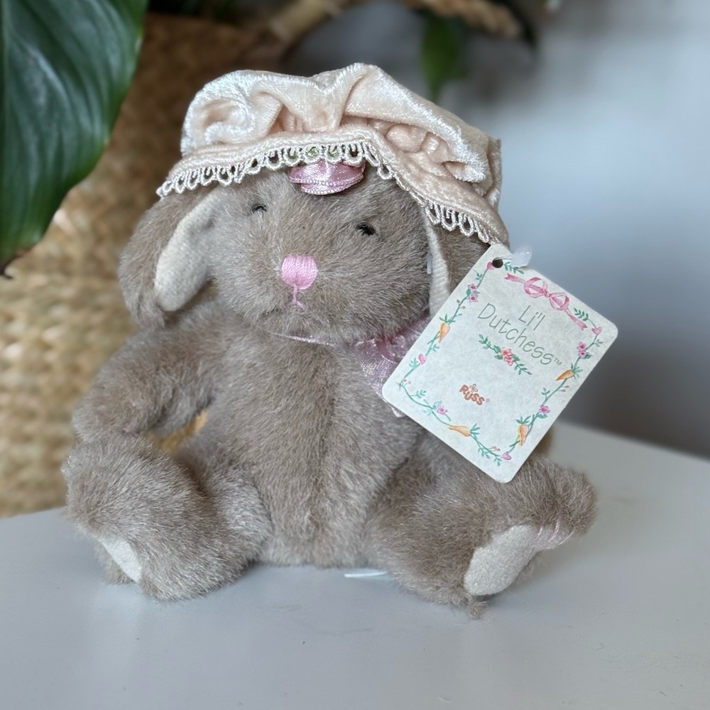 Vintage Russ Berrie Tan Bunny with Pink and Cream Hat